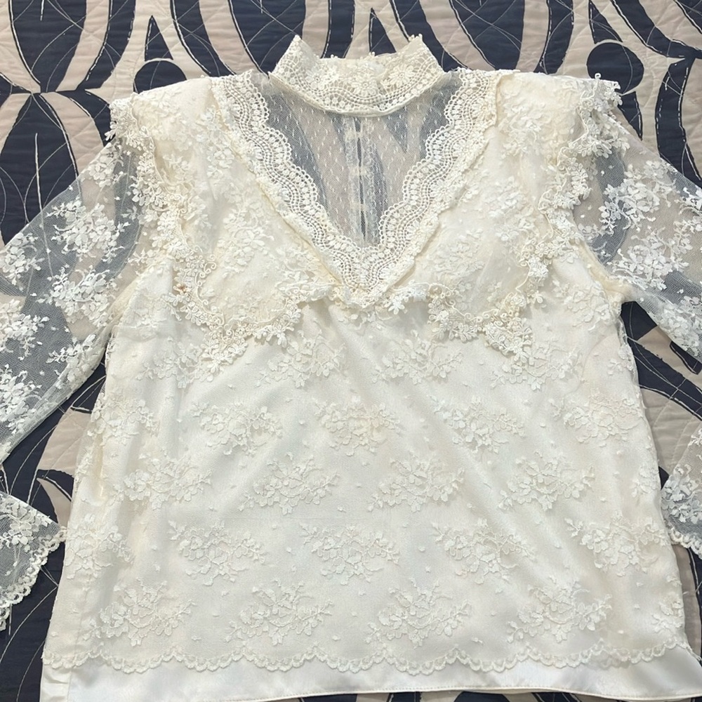 Vintage Jessica McClintock ivory lace top blouse M